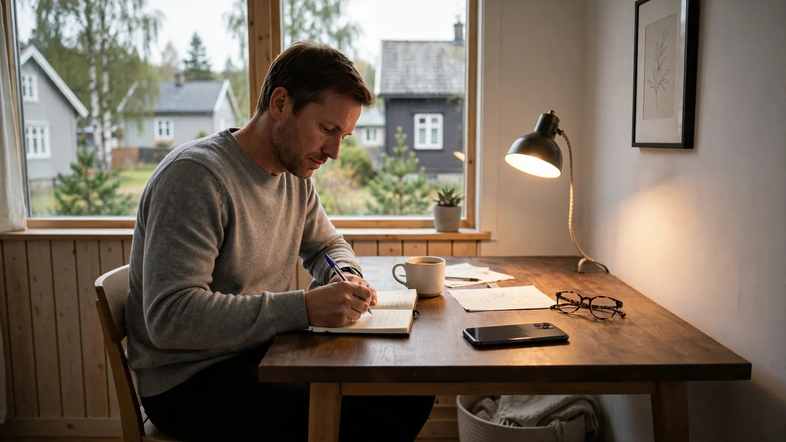 Person sitter ved et ryddig skrivebord og skriver i en notatblokk